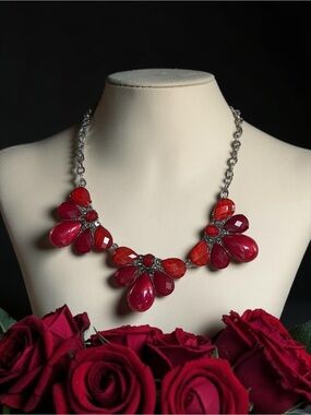 NY Red Acrylic Rhinestone Statement Silver Tone Necklace